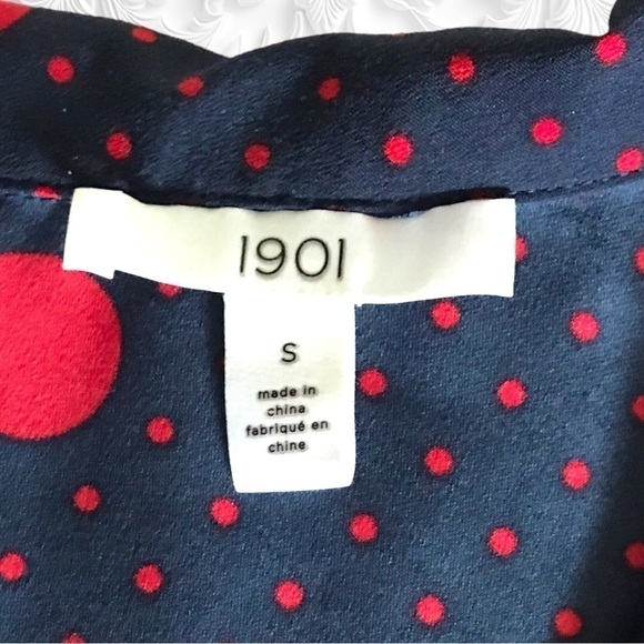 1901 Button Up Long Sleeve Navy Blouse With Red Polka Dots Small NWOT - Picture 3 of 6